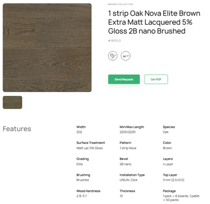 1 juostos ąžuolo parketlentės „Nova Elite Brown“ Extra Matt Lacquered 5% Gloss 2B nano Brushed – #16515 O