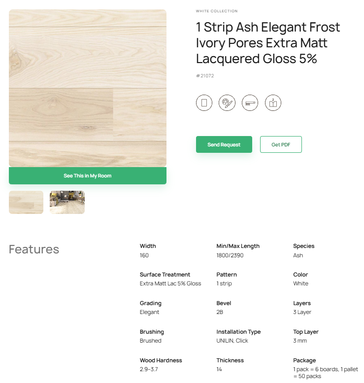 1 juostos uosio parketlentės „Elegant Frost Ivory Pores“ Extra Matt Lacquered Gloss 5% – #21072