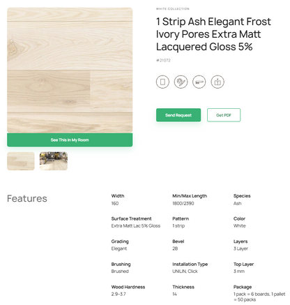 1 juostos uosio parketlentės „Elegant Frost Ivory Pores“ Extra Matt Lacquered Gloss 5% – #21072