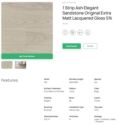 1 juostos uosio parketlentės „Elegant Sandstone Original“ Extra Matt Lacquered Gloss 5% – #21074