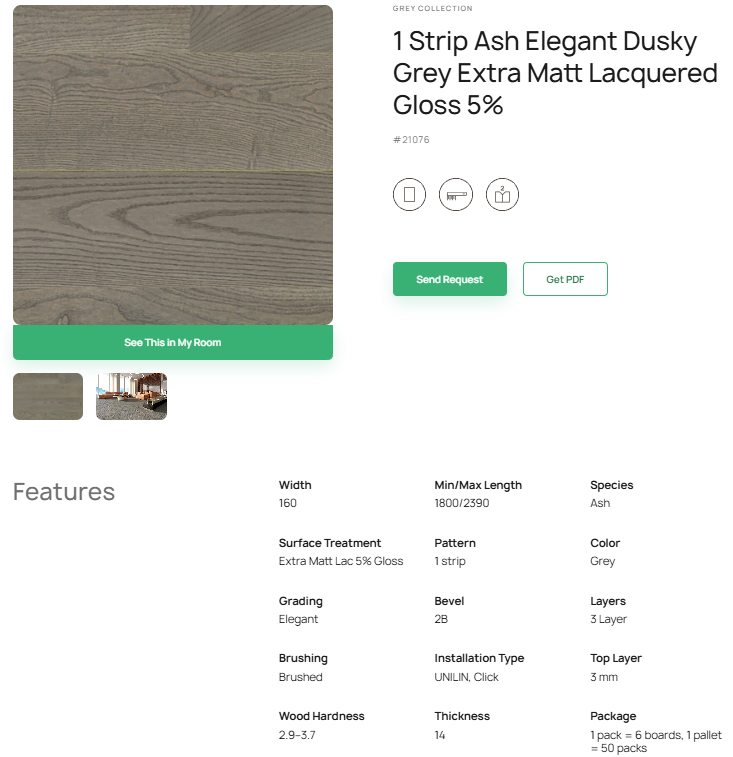 1 juostos uosio parketlentės „Elegant Dusky Grey“ Extra Matt Lacquered Gloss 5% – #21076
