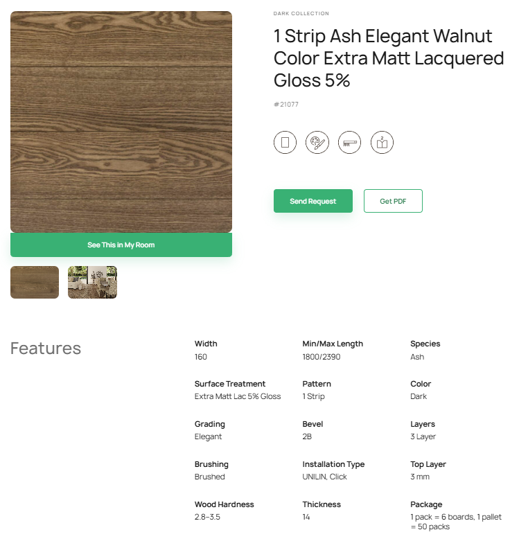 1 juostos uosio parketlentės „Elegant Walnut Color“ Extra Matt Lacquered Gloss 5% – #21077