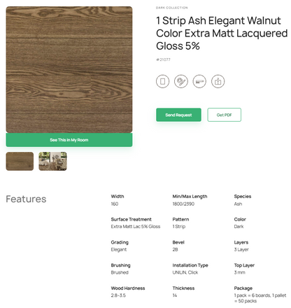 1 juostos uosio parketlentės „Elegant Walnut Color“ Extra Matt Lacquered Gloss 5% – #21077