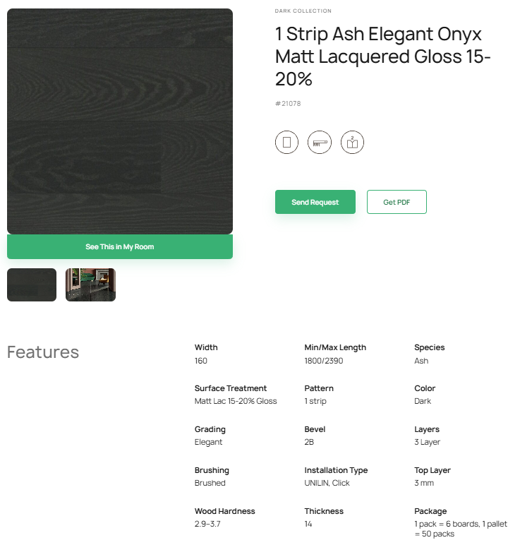 1 juostos uosio parketlentės „Elegant Onyx“ Matt Lacquered Gloss 15–20% – #21078