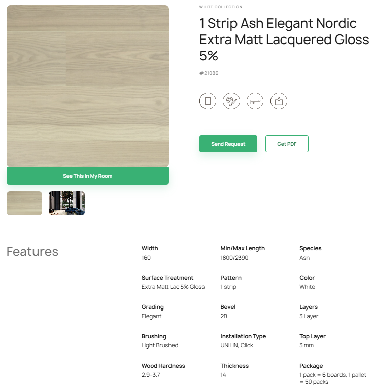 1 juostos uosio parketlentės „Elegant Nordic“ Extra Matt Lacquered Gloss 5% – #21086