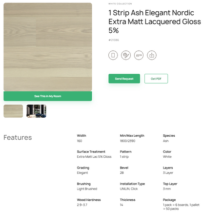 1 juostos uosio parketlentės „Elegant Nordic“ Extra Matt Lacquered Gloss 5% – #21086