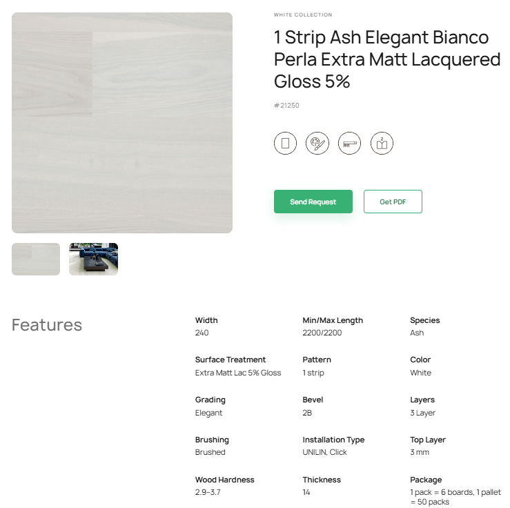 1 juostos uosio parketlentės „Elegant Bianco Perla“ Extra Matt Lacquered Gloss 5% – #21250