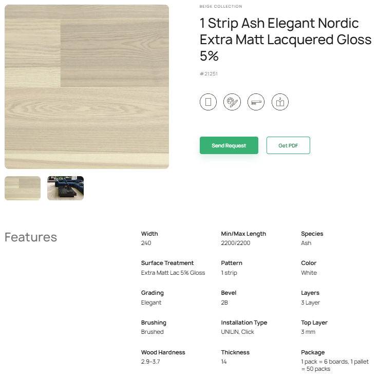 1 juostos uosio parketlentės „Elegant Nordic“ Extra Matt Lacquered Gloss 5% – #21251