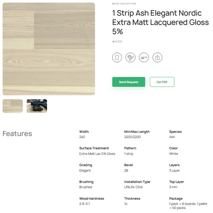 1 juostos uosio parketlentės „Elegant Nordic“ Extra Matt Lacquered Gloss 5% – #21251