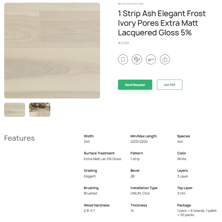 1 juostos uosio parketlentės „Elegant Frost Ivory Pores“ Extra Matt Lacquered Gloss 5% – #21252