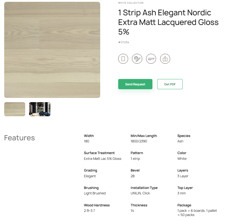 1 juostos uosio parketlentės „Elegant Nordic“ Extra Matt Lacquered Gloss 5% – #21254