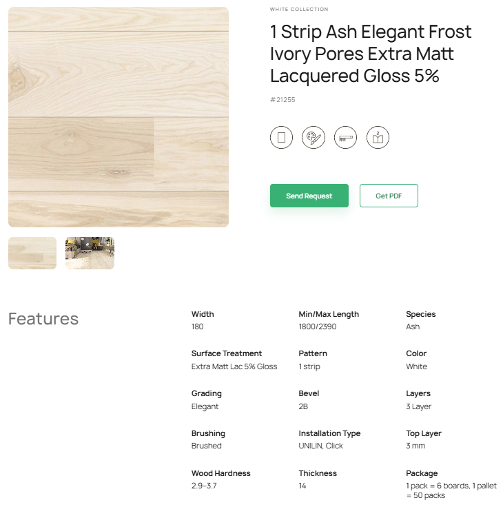 1 juostos uosio parketlentės „Elegant Frost Ivory Pores“ Extra Matt Lacquered Gloss 5% – #21255