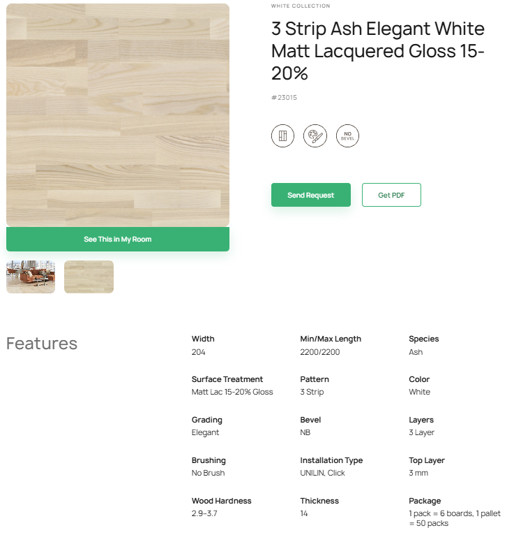 3 juostų uosio parketlentės „Elegant White“ Matt Lacquered Gloss 15–20% – #23015