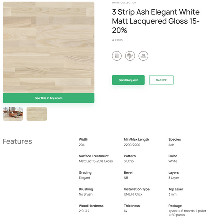 3 juostų uosio parketlentės „Elegant White“ Matt Lacquered Gloss 15–20% – #23015