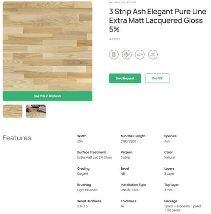 3 juostų uosio parketlentės „Elegant Pure Line“ Extra Matt Lacquered Gloss 5% 23055