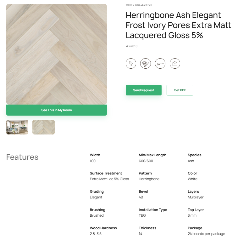 „Herringbone“ rašto uosio parketlentės „Elegant Frost Ivory Pores“ Extra Matt Lacquered Gloss 5% – #24010