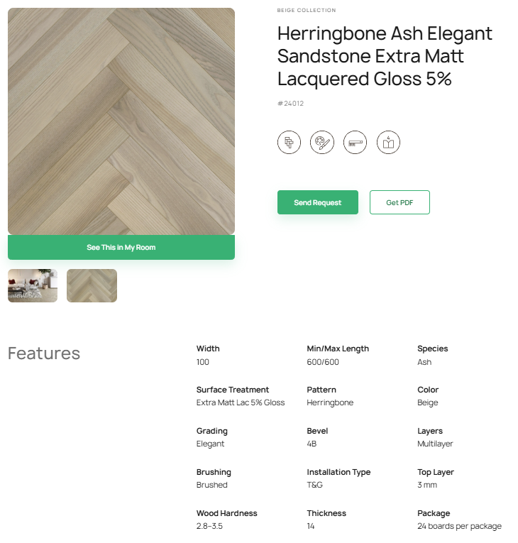 „Herringbone“ rašto uosio parketlentės „Elegant Sandstone“ Extra Matt Lacquered Gloss 5% – #24012