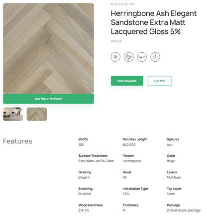 „Herringbone“ rašto uosio parketlentės „Elegant Sandstone“ Extra Matt Lacquered Gloss 5% – #24012
