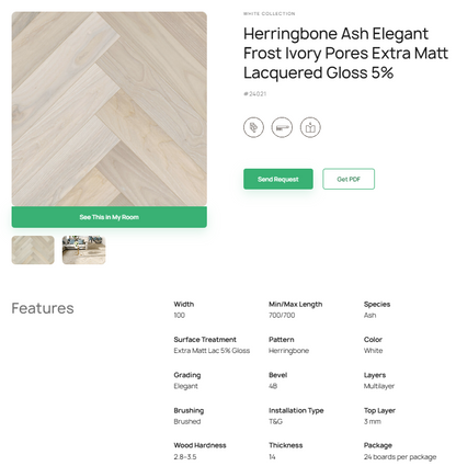 „Herringbone“ rašto uosio parketlentės „Elegant Frost Ivory Pores“ Extra Matt Lacquered Gloss 5% – #24021