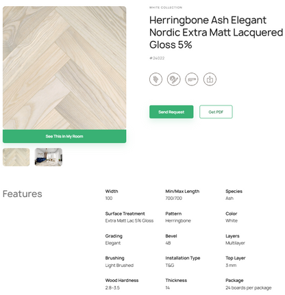 „Herringbone“ rašto uosio parketlentės „Elegant Nordic“ Extra Matt Lacquered Gloss 5% – #24022
