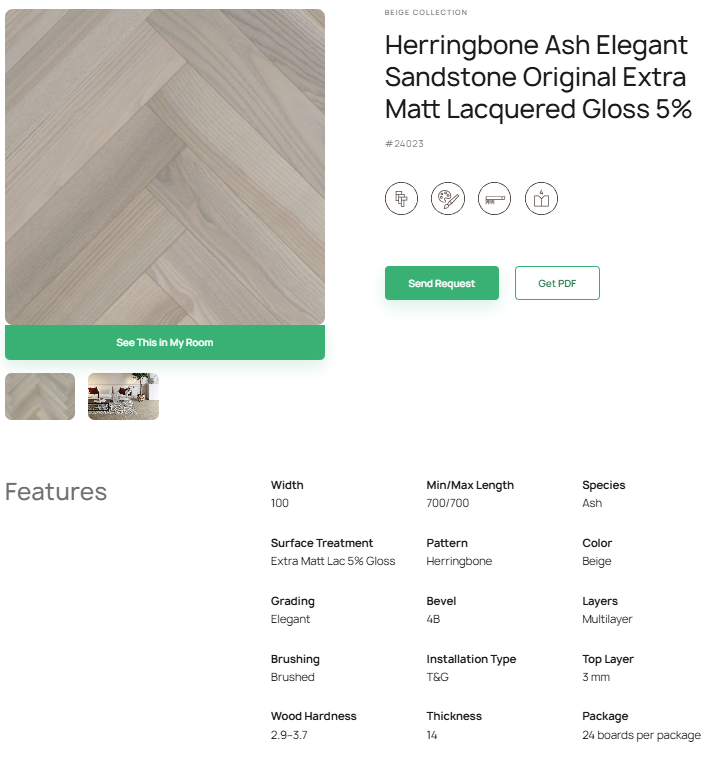 „Herringbone“ rašto uosio parketlentės „Elegant Sandstone Original“ Extra Matt Lacquered Gloss 5% – #24023