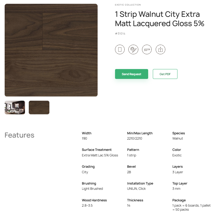 1 juostos riešutmedžio parketlentės „City“ Extra Matt Lacquered Gloss 5% – #31014