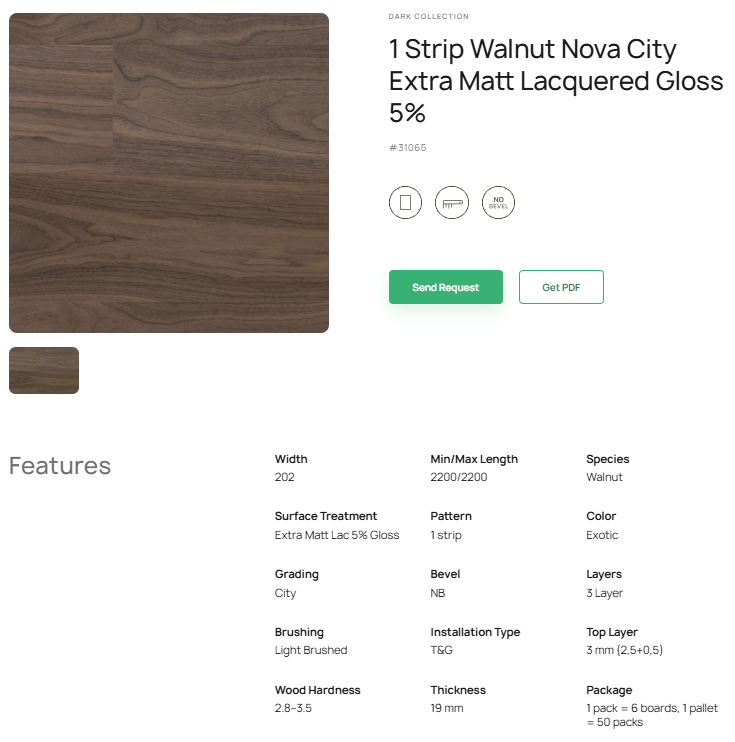 1 juostos riešutmedžio parketlentės „Nova City“ Extra Matt Lacquered Gloss 5% – #31065