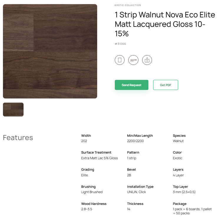 1 juostos riešutmedžio parketlentės „Nova Eco Elite“ Matt Lacquered Gloss 10–15% – #31066