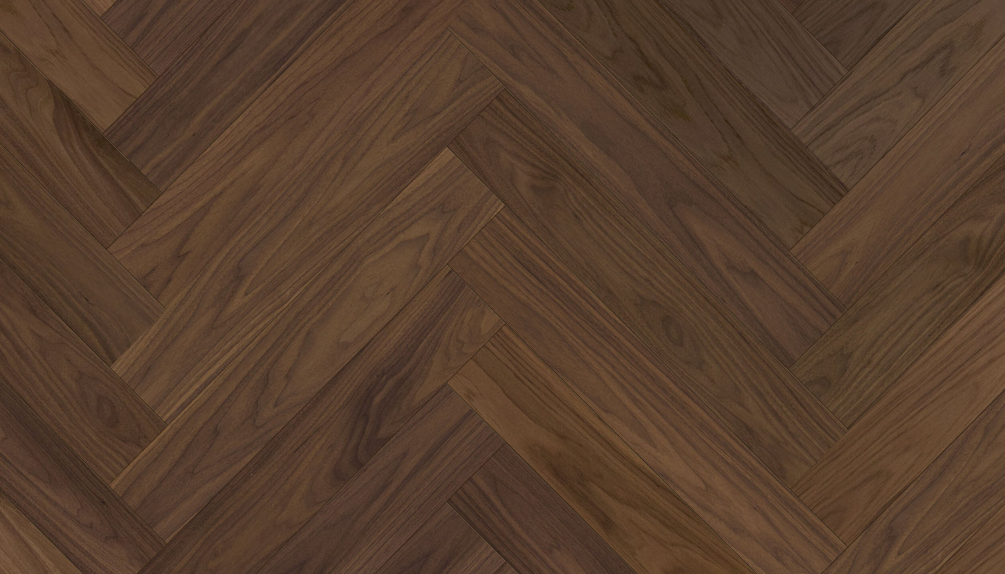 „Herringbone“ rašto riešutmedžio parketlentės „City“ 4B Extra Matt Lacquered Gloss 5% – #34023