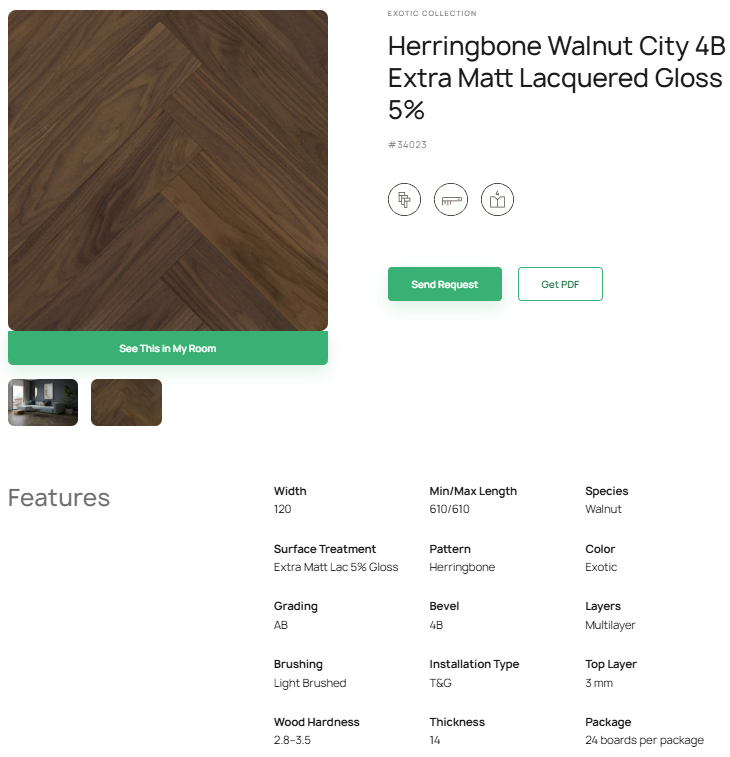 „Herringbone“ rašto riešutmedžio parketlentės „City“ 4B Extra Matt Lacquered Gloss 5% – #34023