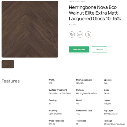„Herringbone“ rašto riešutmedžio parketlentės „Nova Eco Elite“ Extra Matt Lacquered Gloss 10–15% – #34025