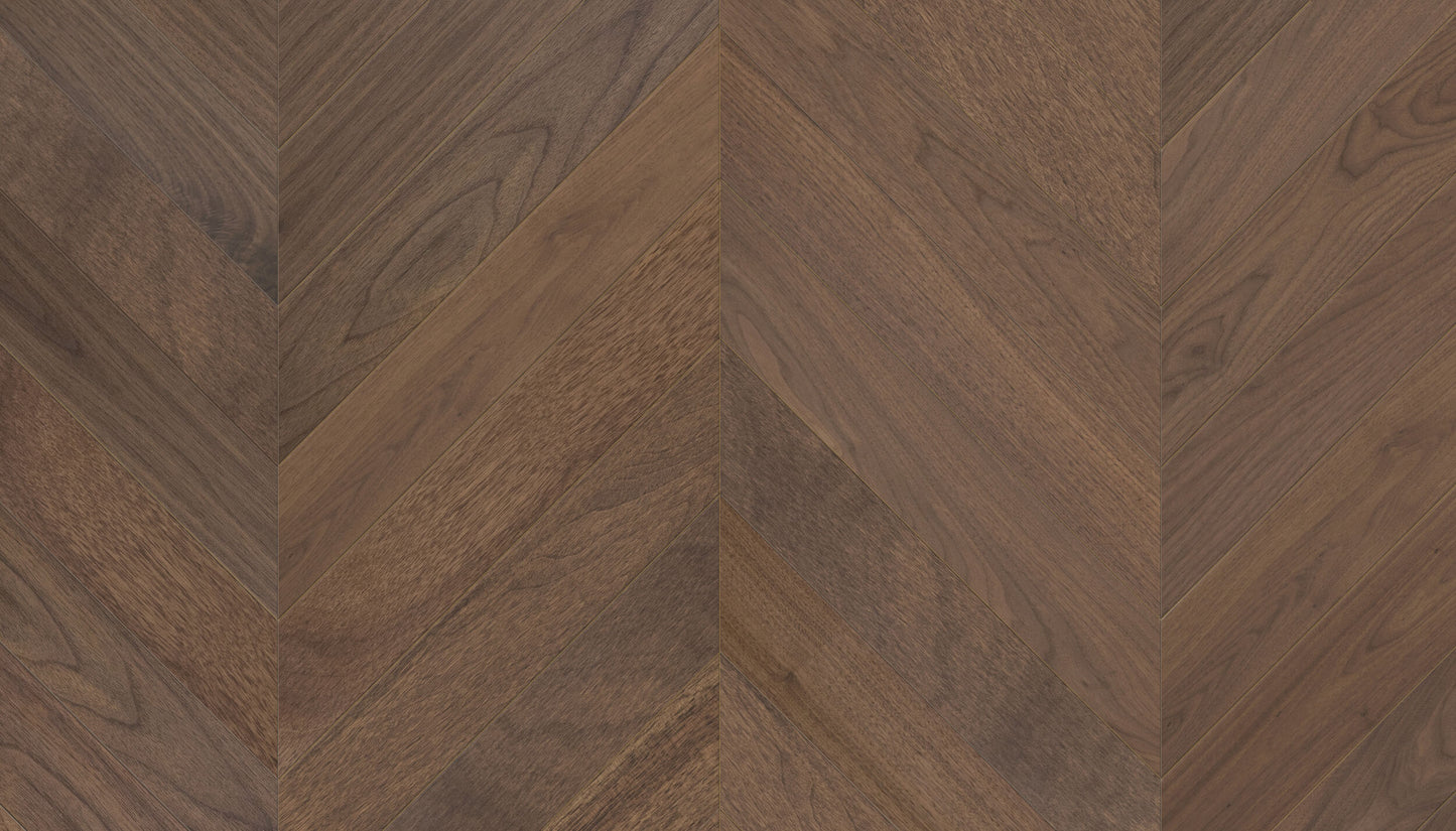 „Chevron“ rašto riešutmedžio parketlentės „City“ 4B Extra Matt Lacquered Gloss 5% – #35002