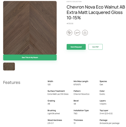 „Chevron“ rašto riešutmedžio parketlentės „Nova Eco AB“ Extra Matt Lacquered Gloss 10–15% – #35006