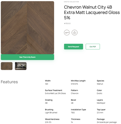 „Chevron“ rašto riešutmedžio parketlentės „City“ 4B Extra Matt Lacquered Gloss 5% – #35002