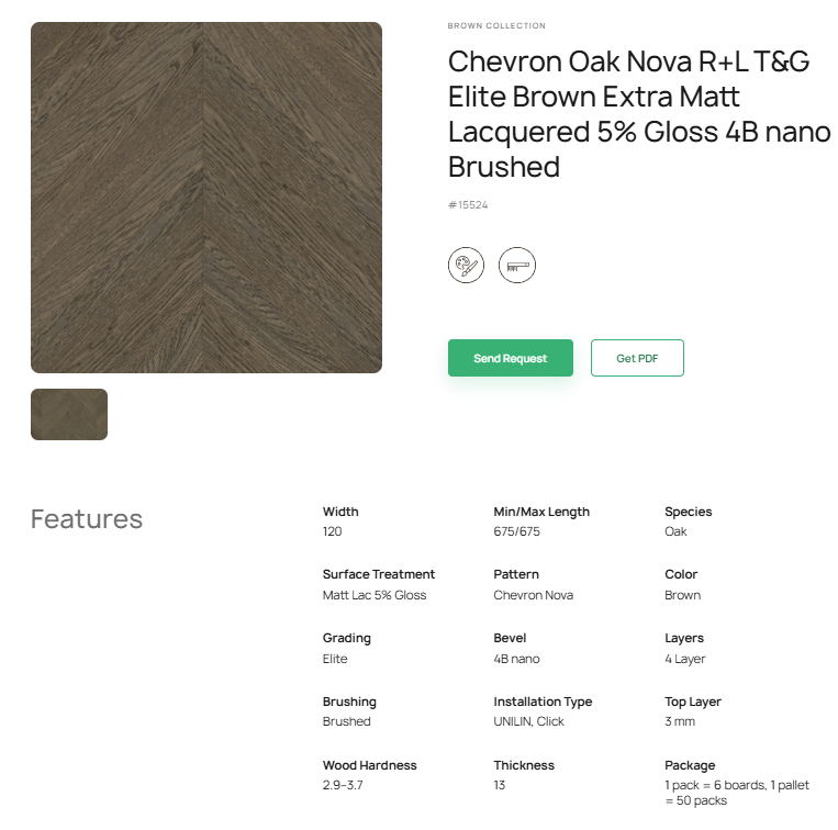 Ševrono rašto ąžuolo parketlentės „Nova“, R+L T&G Elite Brown Extra Matt Lacquered 5% Gloss 4B nano Brushed # 15524