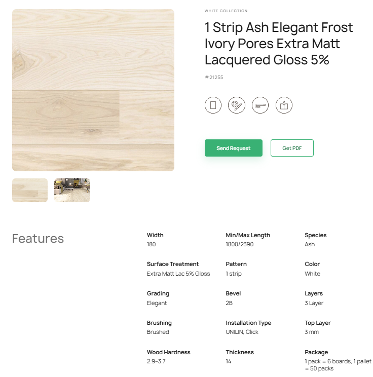 1 juostos uosio parketlentės „Elegant Frost“ Ivory Pores Extra Matt Lacquered Gloss 5% # 21255