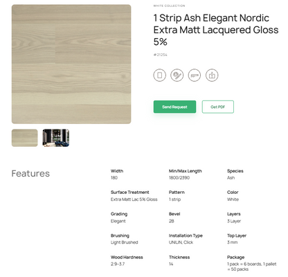 1 juostos uosio parketlentės „Elegant Nordic“ Extra Matt Lacquered Gloss 5% #21254