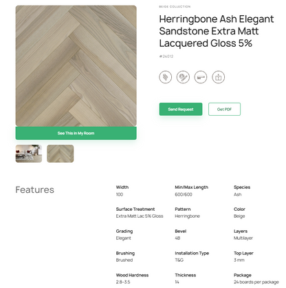 Eglutės rašto uosio parketlentės „Elegant Sandstone“ Extra Matt Lacquered Gloss 5% # 24012