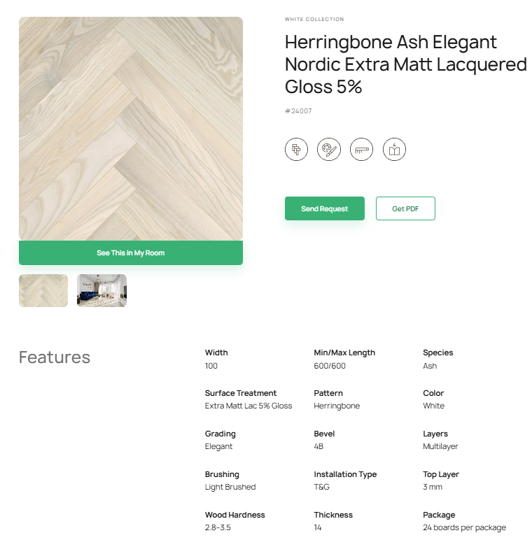 Eglutės rašto uosio parketlentės „Elegant Nordic“ Extra Matt Lacquered Gloss 5% # 24007