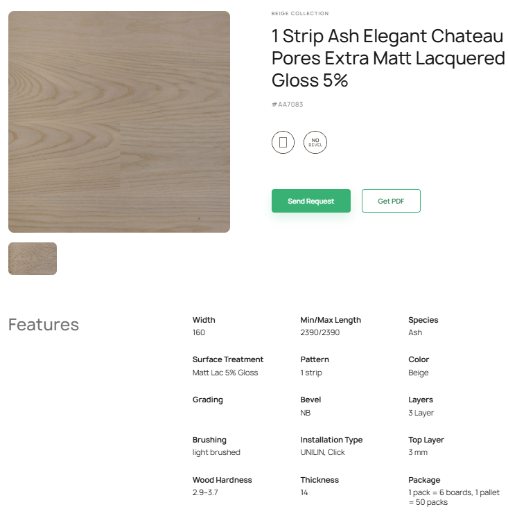 1 juostos uosio parketlentės „Elegant Chateau“ Pores Extra Matt Lacquered Gloss 5% #AA7083