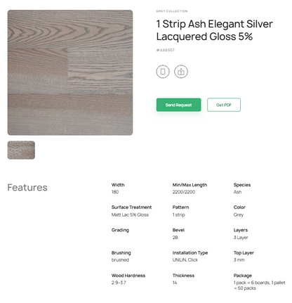 1 juostos uosio parketlentės „Elegant Silver“ Lacquered Gloss 5%  # AA6957