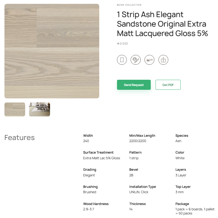 1 juostos uosio parketlentės „Elegant Sandstone Original“ Extra Matt Lacquered Gloss 5% #21253