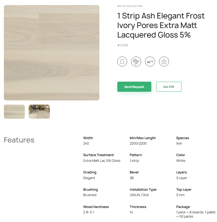 1 juostos uosio parketlentės „Elegant Frost“ Ivory Pores Extra Matt Lacquered Gloss 5% # 21252