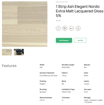 1 juostos uosio parketlentės „Elegant Nordic“ Extra Matt Lacquered Gloss 5% #21251